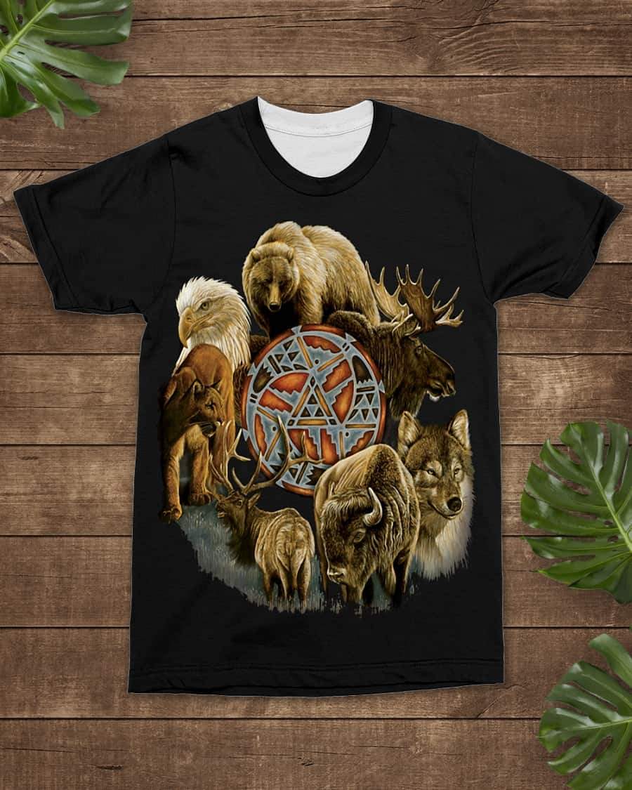 Black Native American animal spirit graphic T-shirt, front design with circular emblem