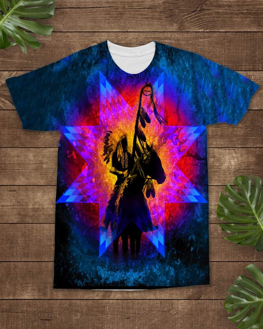 Multicolor all-over T-shirt: geometric neon war horse & chief portrait