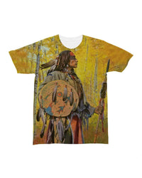 Multicolor Native American warrior T-shirt, side profile with shield and spear