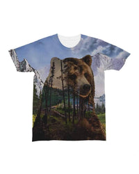 All-over graphic T-shirt with close bear face above pine trees and snowy mountains
