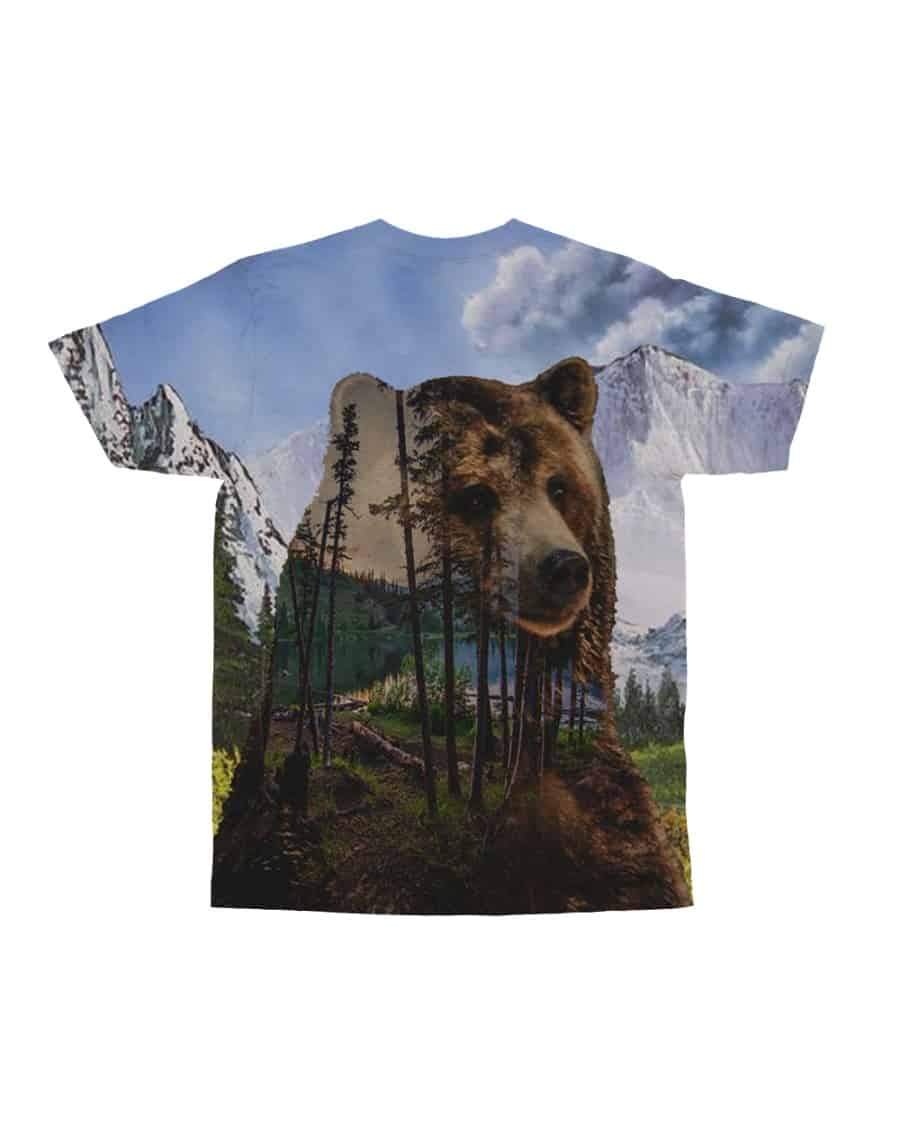Crew-neck T-shirt in multicolor with bear head, tall pines, and cloudy sky print