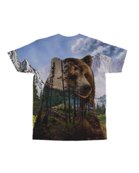 Crew-neck T-shirt in multicolor with bear head, tall pines, and cloudy sky print