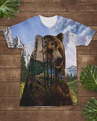 Multicolor all-over T-shirt with bear face and pine forest graphic, crew neck