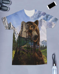 Front view crew-neck T-shirt, multicolor bear portrait over mountain and forest print