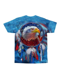 Blue crew-neck tee with full eagle dreamcatcher design, stars, and hanging feathers