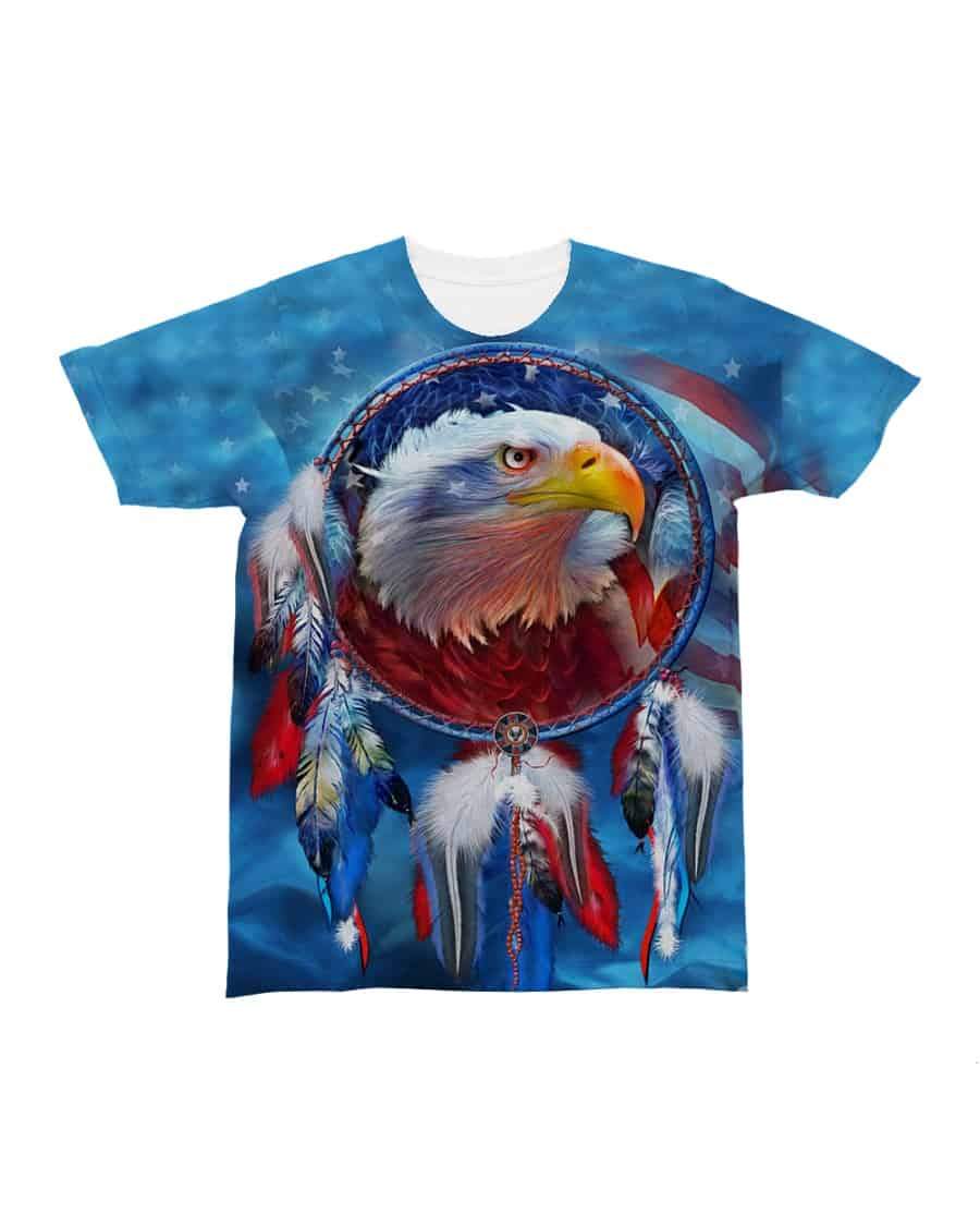 Blue T-shirt with eagle dreamcatcher graphic, large circular hoop and multicolor feathers