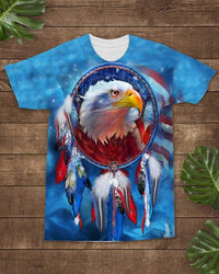 Blue crew-neck T-shirt with eagle dreamcatcher graphic and multicolor feathers