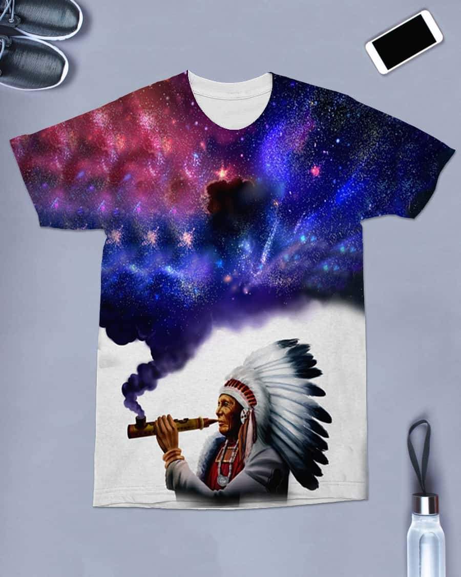 Galaxy T-shirt with starry nebula background and Native chief with large feather headdress