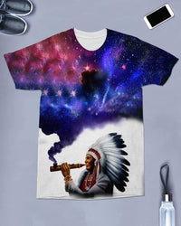 Galaxy T-shirt with starry nebula background and Native chief with large feather headdress