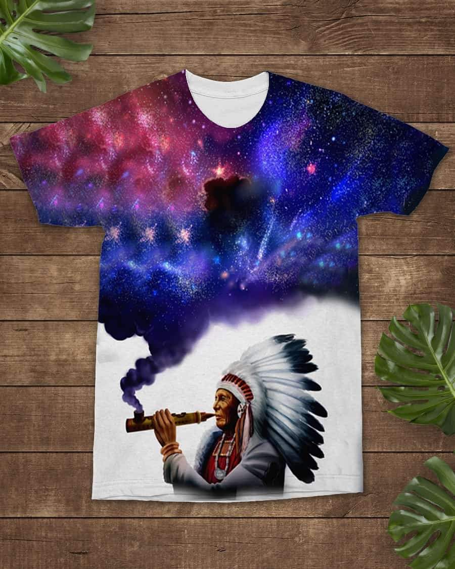 Galaxy all-over T-shirt with Native chief portrait, headdress, and starry nebula print