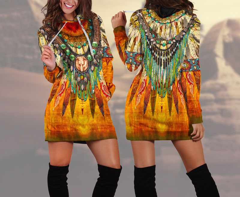 Hoodie dress with colorful Native-style wolf graphic, long sleeves, drawstring hood