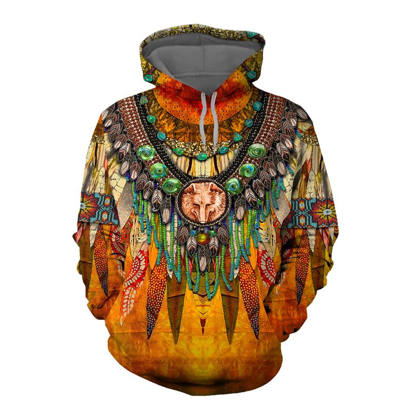 Orange wolf graphic pullover hoodie with colorful bead-and-feather trim around hood