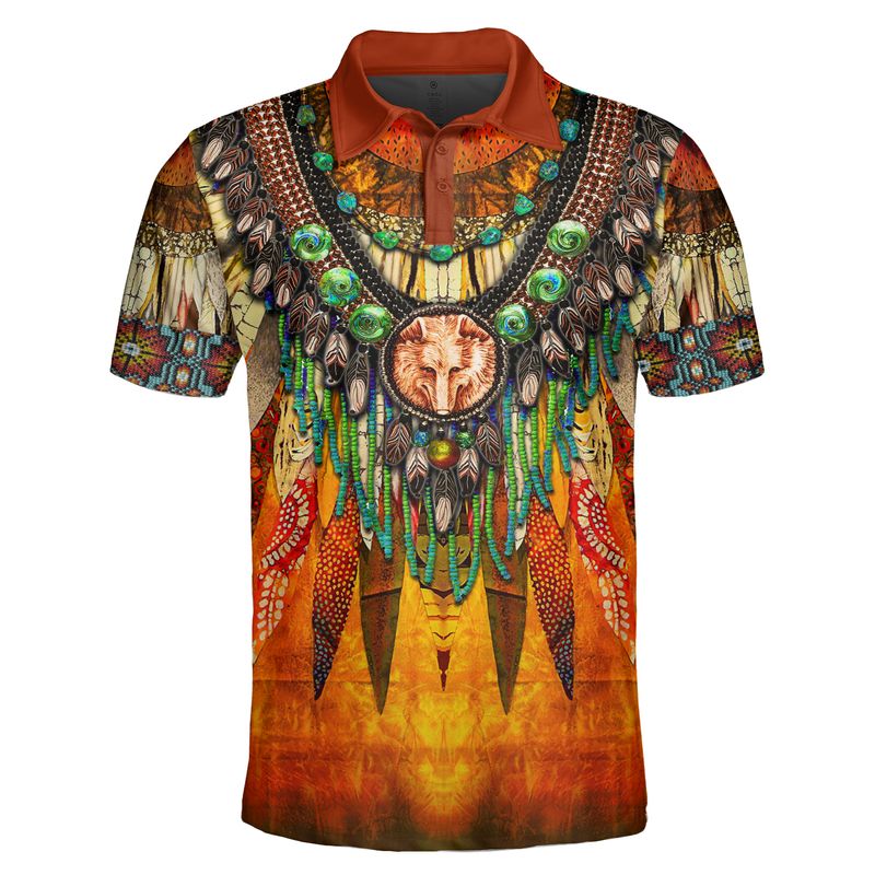 Yellow-orange Native wolf polo with orange collar and bead-and-feather front graphic