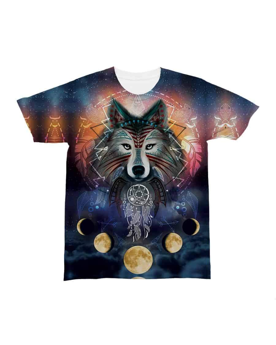 All-over wolf and moon phase graphic on multicolor T-shirt, centered chest design