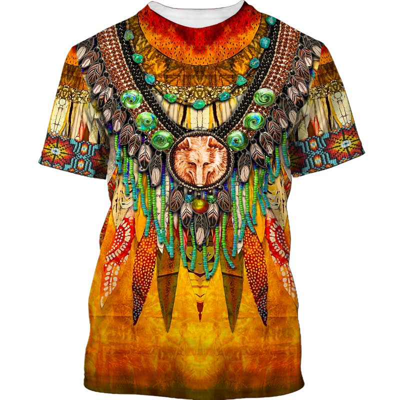 Yellow T-shirt with front wolf face and beaded Native American inspired graphic