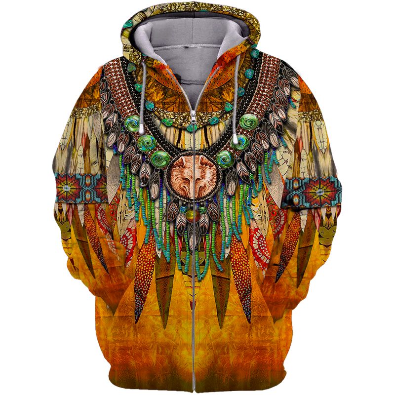 Native zip hoodie with wolf graphic, orange-yellow tribal pattern, beaded accents