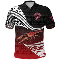 Fiji Rewa rugby polo shirt, black top with red lower, crab emblem and bold white geometric sleeves