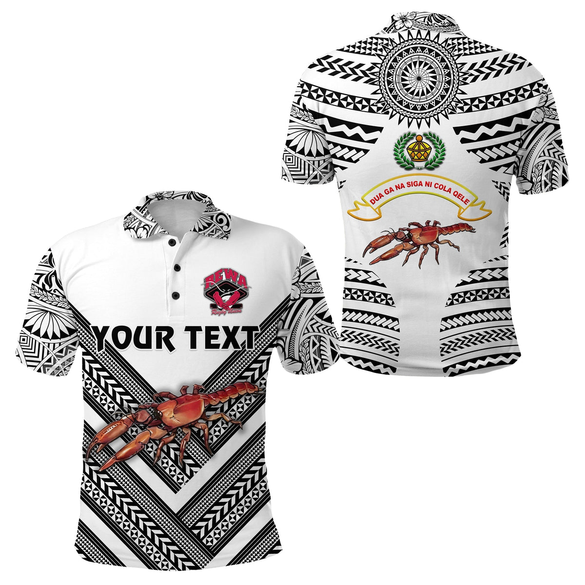 White Fiji rugby polo with black tribal print, crest and crab; shows YOUR TEXT