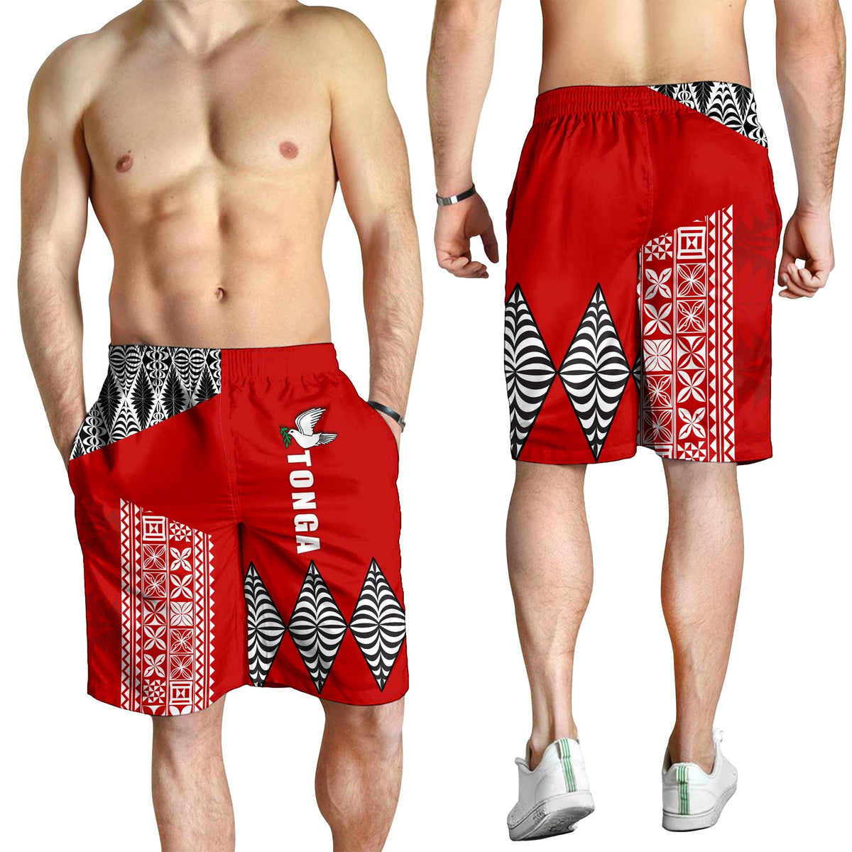 Red Tonga rugby men shorts with black-and-white geometric panels and white bird logo