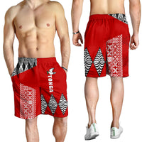 Red Tonga rugby men shorts with black-and-white geometric panels and white bird logo