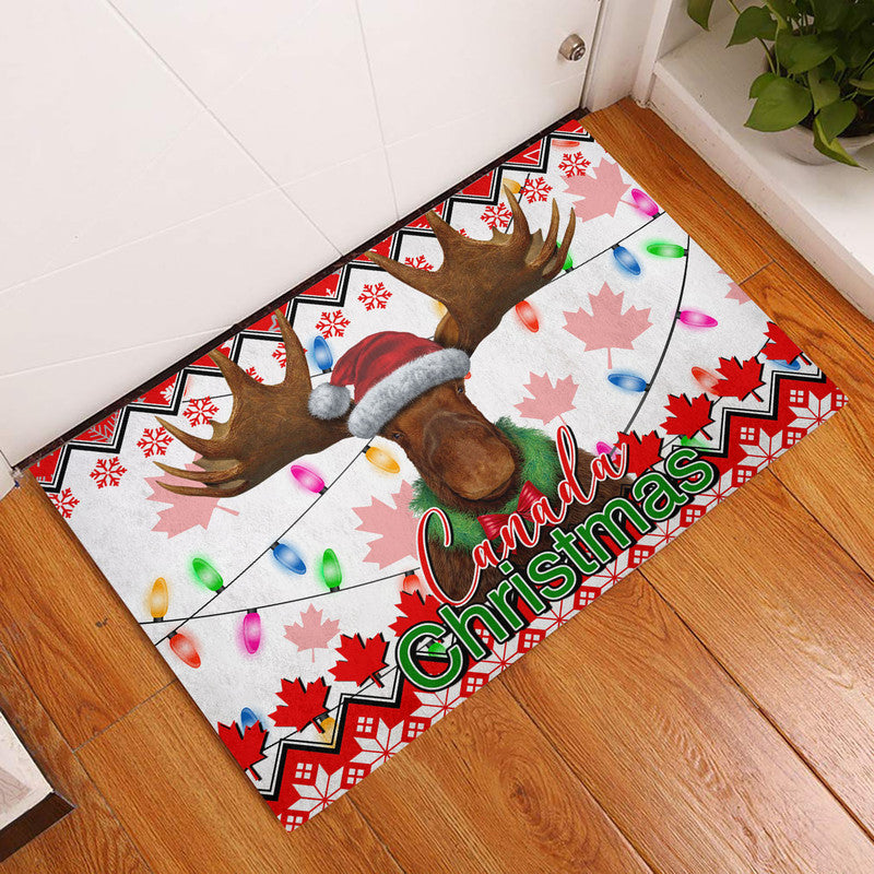 Red moose and Christmas Canada flag door mat with maple leaves and lights
