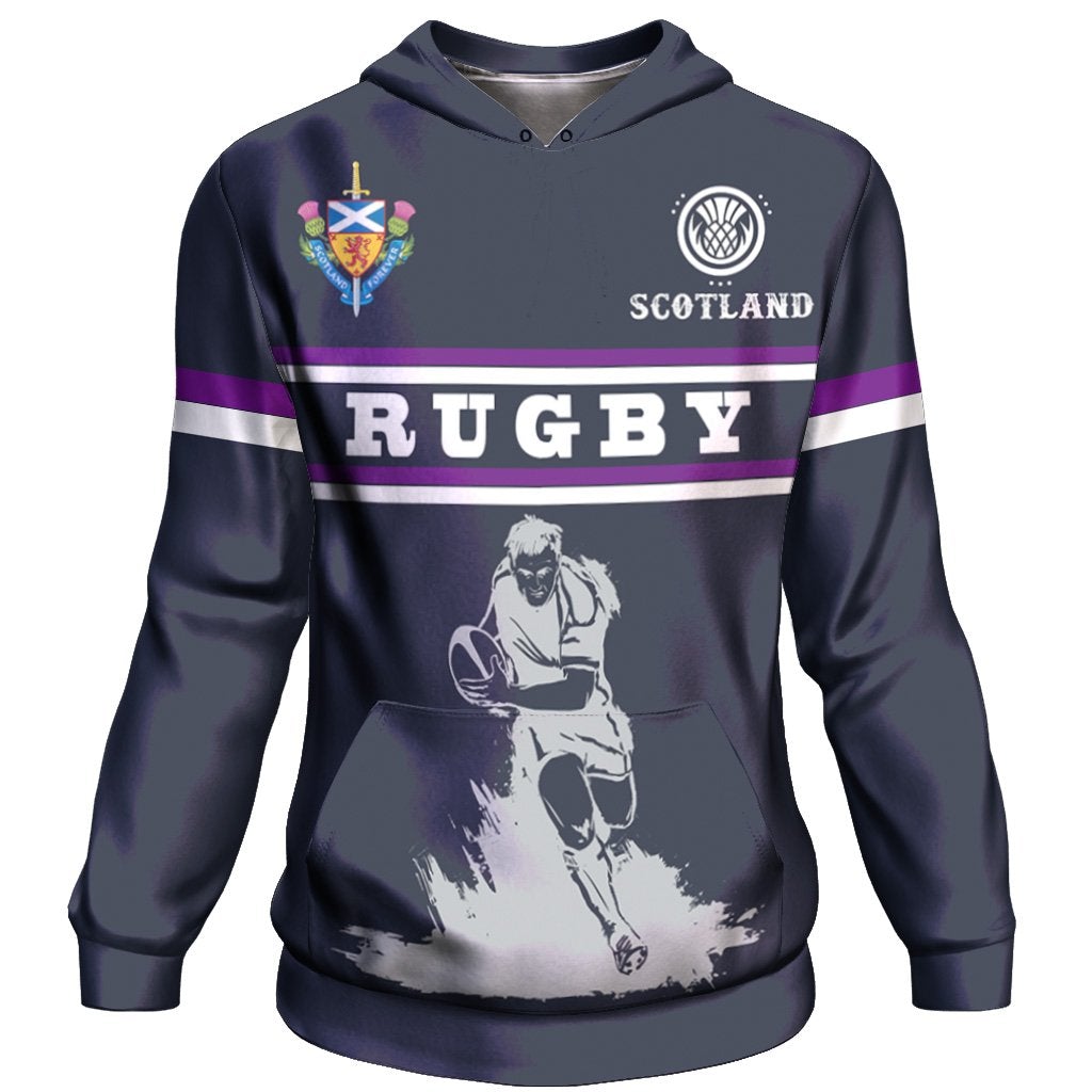 Scotland rugby pullover hoodie, dark navy with crest, 'RUGBY' stripe graphic