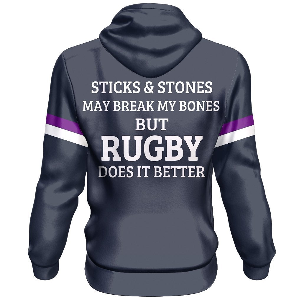 Rugby pullover hoodie back text: 'STICKS & STONES' and 'RUGBY DOES IT BETTER'