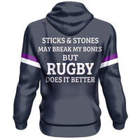 Rugby pullover hoodie back text: 'STICKS & STONES' and 'RUGBY DOES IT BETTER'