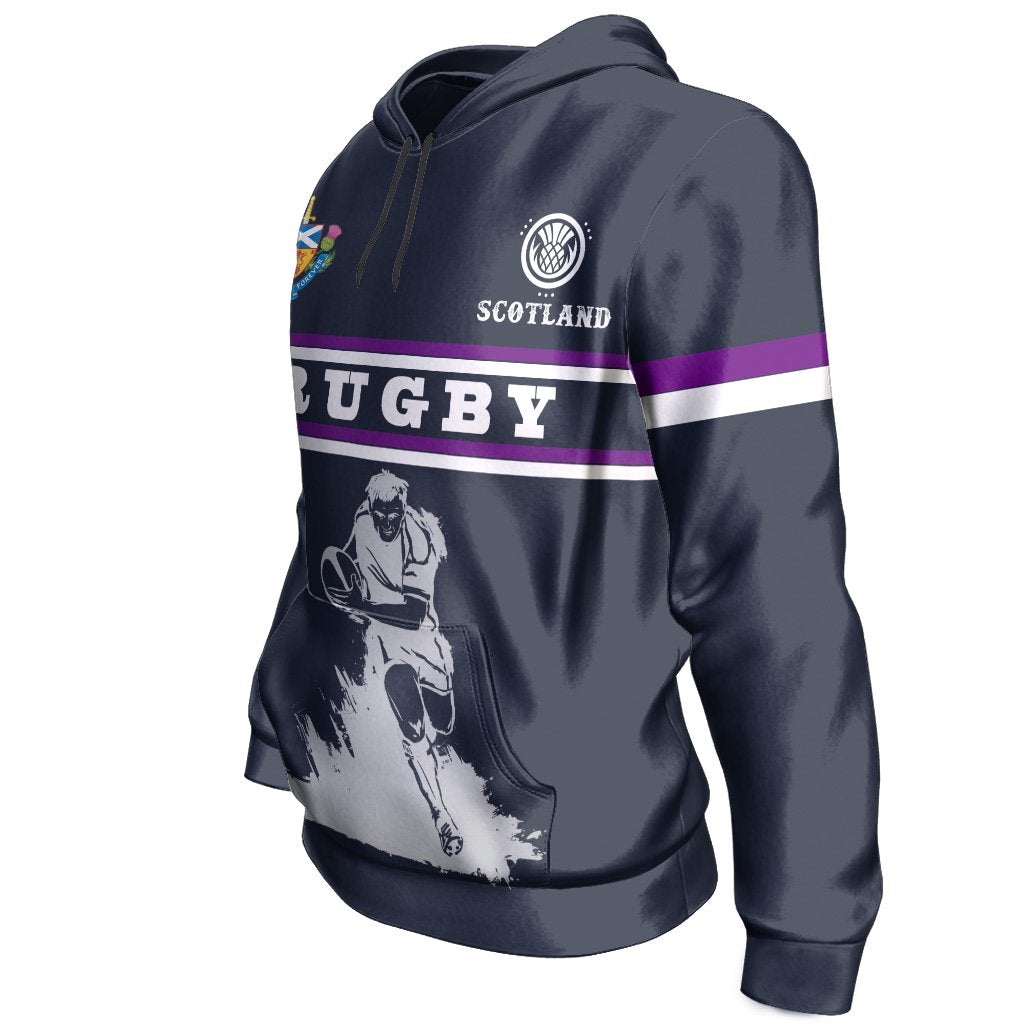 Scotland rugby pullover hoodie side view, dark navy with runner graphic and purple-white stripes