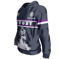 Scotland rugby pullover hoodie side view, dark navy with runner graphic and purple-white stripes