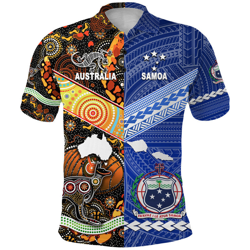 Blue polo with front Australia/Samoa Aboriginal art, multicolor motifs