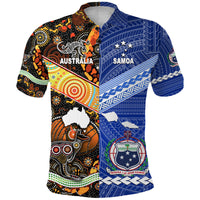 Blue polo with front Australia/Samoa Aboriginal art, multicolor motifs