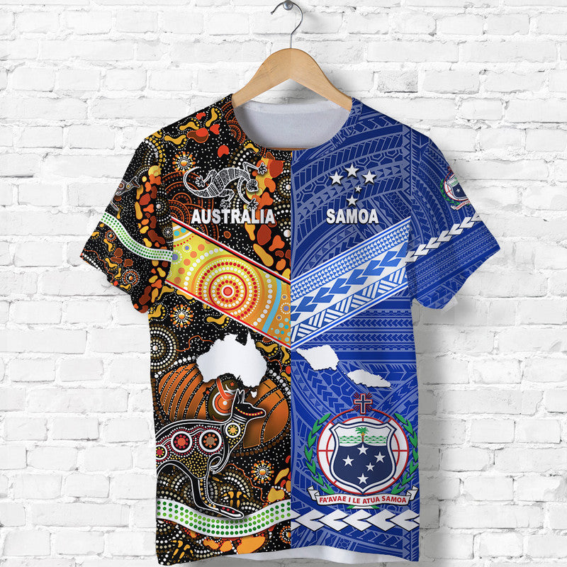 Samoa and Australia T-shirt in blue and black, front graphic split design