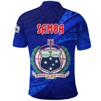 Blue Samoa rugby polo shirt back, SAMOA lettering and shield emblem
