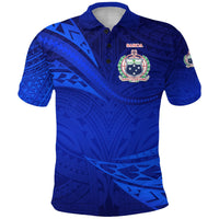 Blue Samoa rugby polo shirt front, collar placket and central crest badge