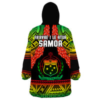 Wearable blanket hoodie, black hood with SAMOA text and crest on back in green and red