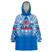 Blue wearable blanket hoodie with hood, front graphic and 'Samoa' text
