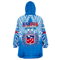 Blue wearable blanket hoodie with hood, back graphic and crest emblem
