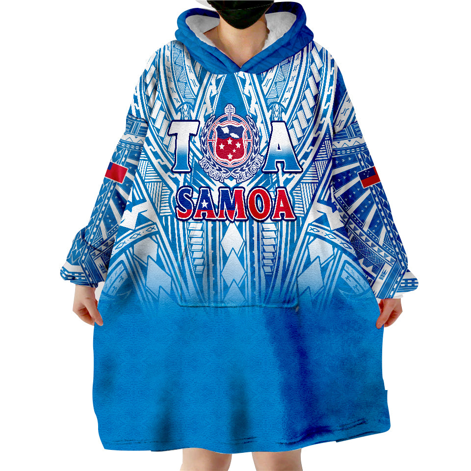 Blue wearable blanket hoodie blanket style, hooded with front 'Samoa' design