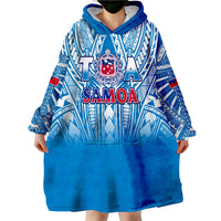Blue wearable blanket hoodie blanket style, hooded with front 'Samoa' design