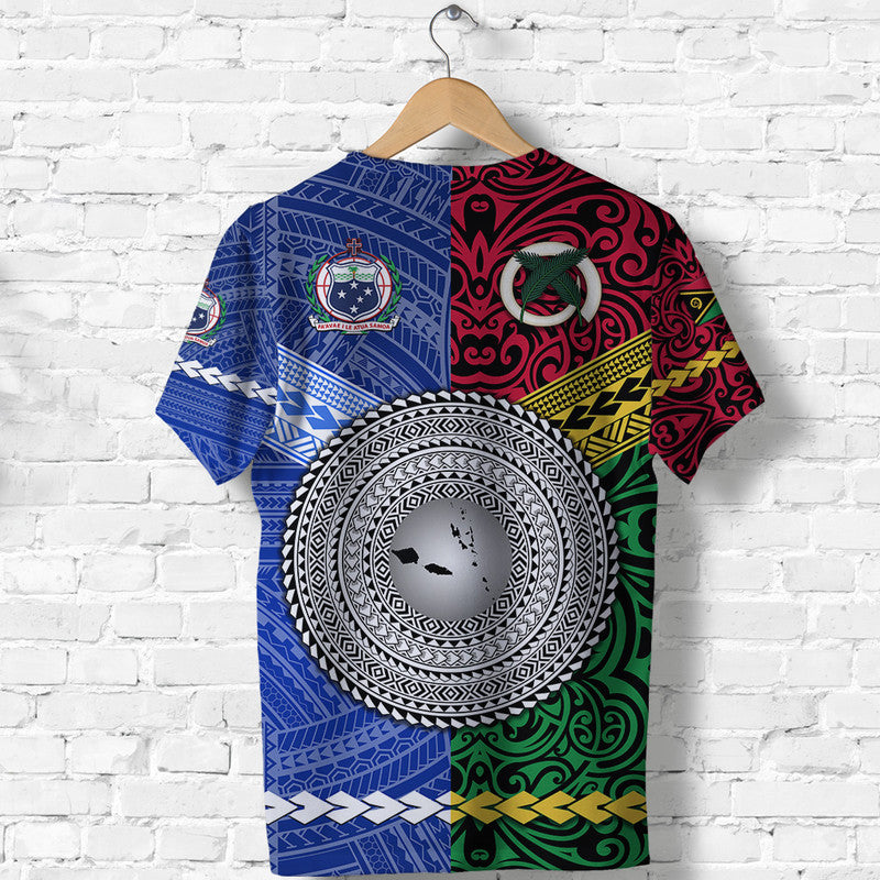 Blue short-sleeve T-shirt back with large circular tribal emblem graphic