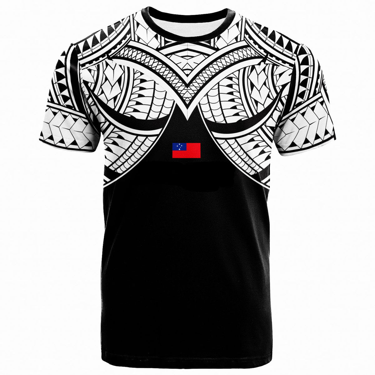 Black crew-neck T-shirt with Polynesian tribal print and small red-blue flag graphic