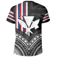 Black back T-shirt with Hawaii map emblem, Hawaiian flag stripes, and tribal chevron border