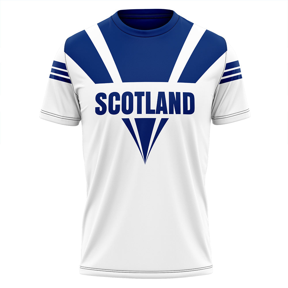 Royal blue & white Scotland T-shirt with 'SCOTLAND' graphic, short sleeves