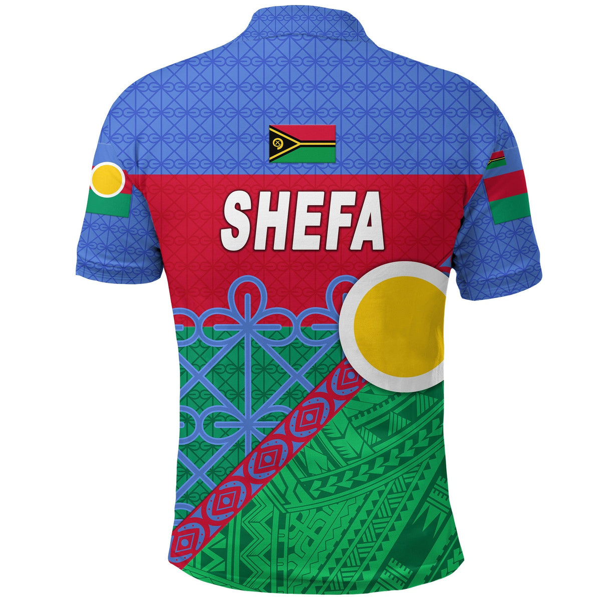 Back view blue polo shirt with SHEFA print, Vanuatu flag patch, red-green pattern