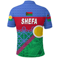 Back view blue polo shirt with SHEFA print, Vanuatu flag patch, red-green pattern
