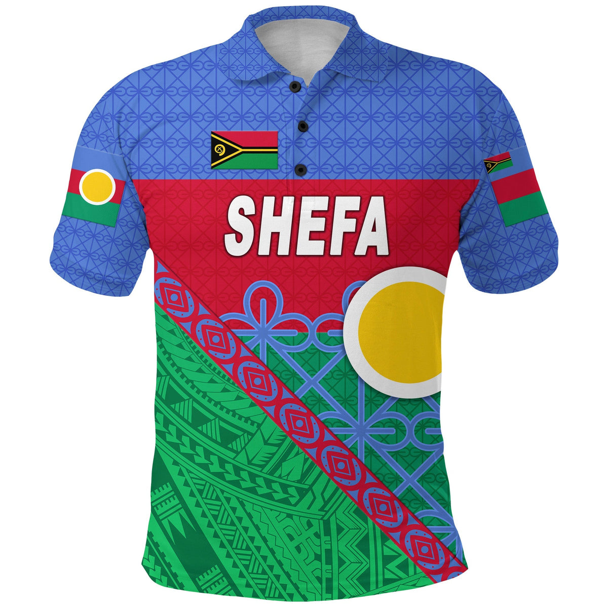 Blue polo shirt with SHEFA logo, collar and buttons, red-green patterned front view