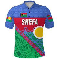 Blue polo shirt with SHEFA logo, collar and buttons, red-green patterned front view