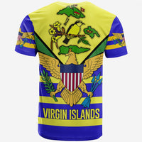 Back of US Virgin Islands T-shirt with blue-yellow stripes and VIRGIN ISLANDS text