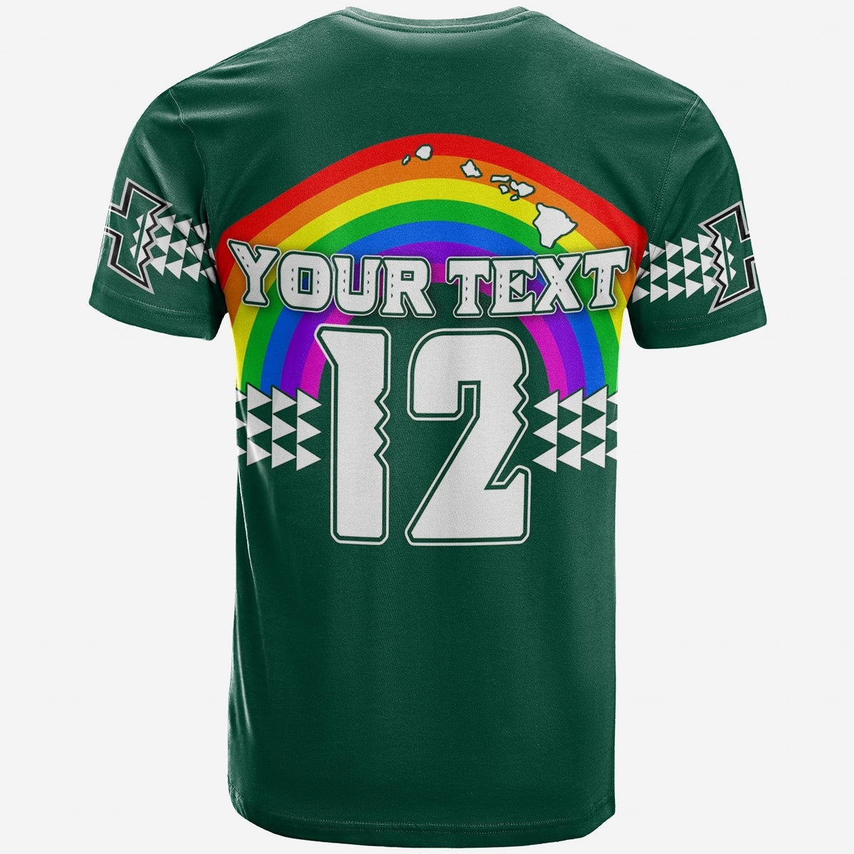 Back of green custom T-shirt with 'YOUR TEXT' and number '12' over rainbow